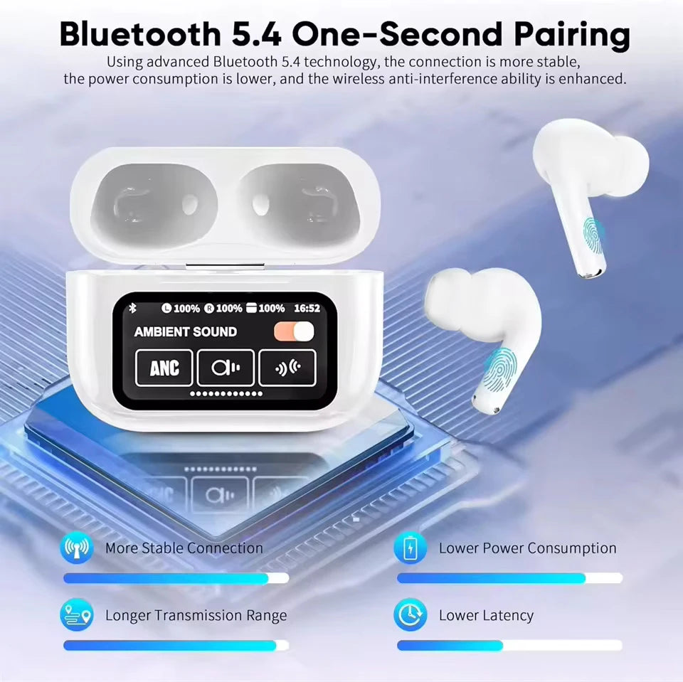 New A9 Pro Bluetooth Lcd Airpods Smart Color Screen Wireless Active Noise Reduction Super Long Battery