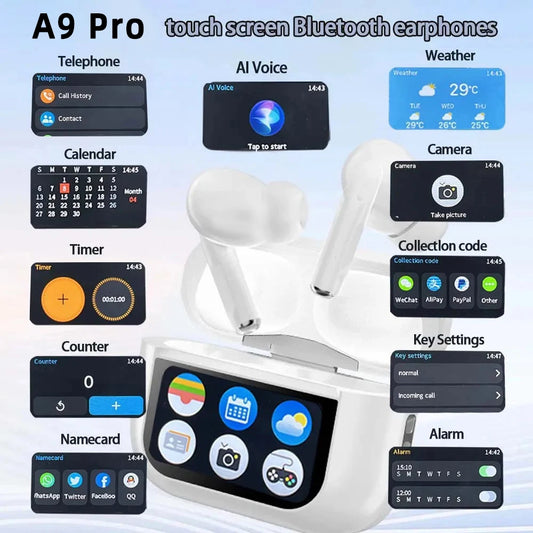 New A9 Pro Bluetooth Lcd Airpods Smart Color Screen Wireless Active Noise Reduction Super Long Battery